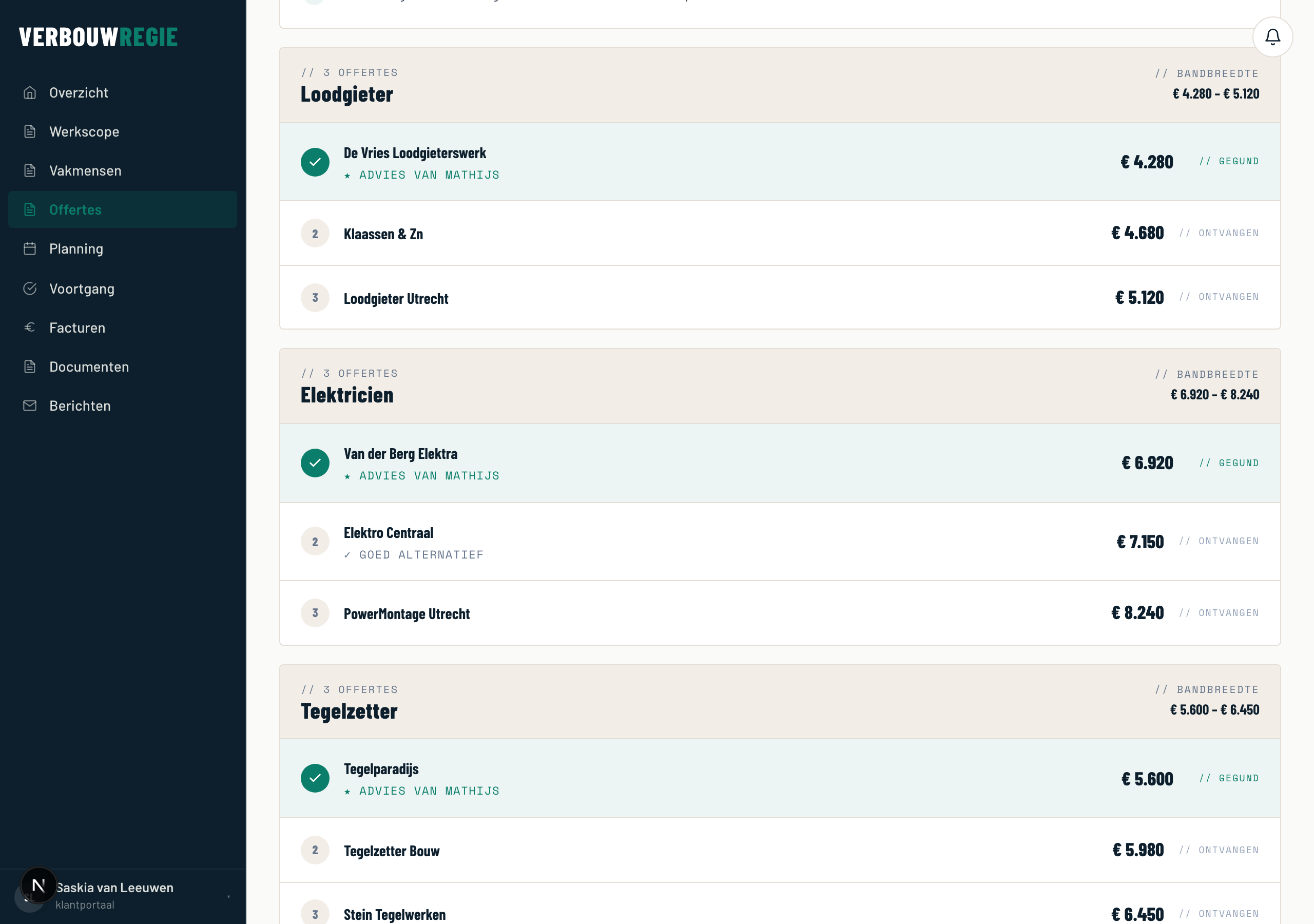 VerbouwRegie portaal — offerte tracking